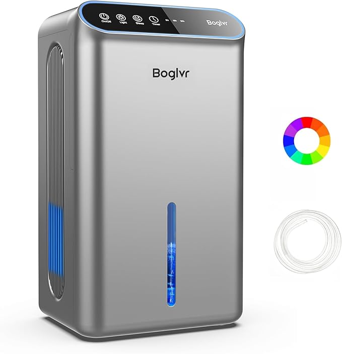 Dehumidifier for Home up to 1000 sq.ft, 98oz Small Quiet Dehumidifier with Drain Hose, 3 Timer Modes, Auto Shut Off, Aromatherapy & 7 Color Light for Bedroom, Bathroom, Basement (Space Gray)