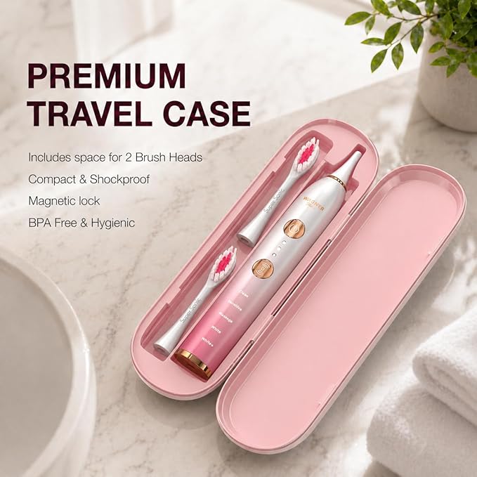Wagner Stern WHITEN+ Electric Toothbrush, 48,000 VPM, Pressure Sensor, 5 Modes, 8 Brush Heads, Travel Case