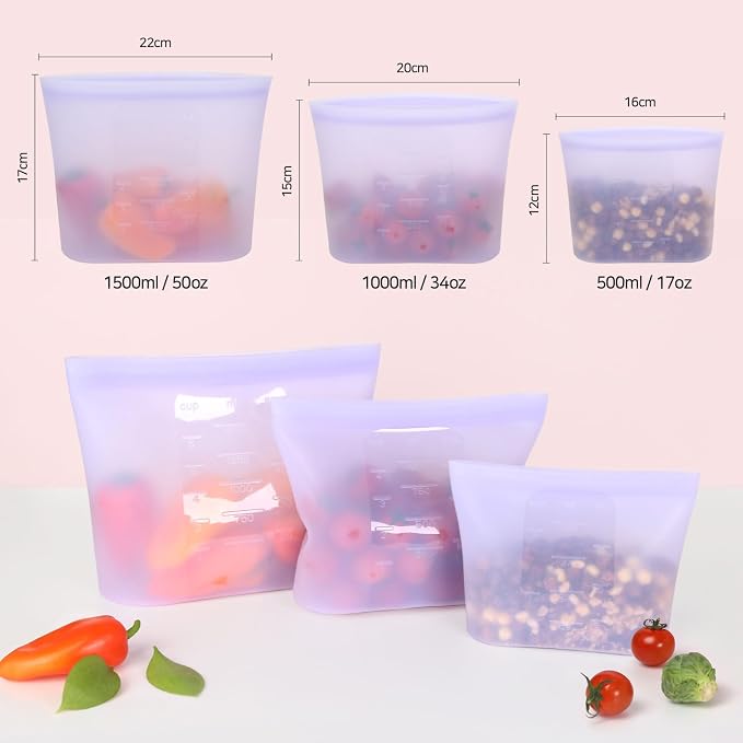 Reusable Silicone Food Storage Bags (Set of 3) – Leakproof Zip Seal, BPA-Free, Freezer & Microwave Safe – for Meal Prep, Snacks, Fruits, and More (Purple Set)