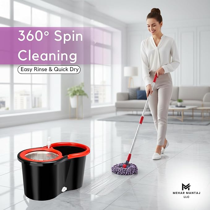 Spin Mop & Bucket Set with 2 Microfiber Mop Heads – 360° Rotating Stainless Steel Handle, Telescopic Pole (90–120cm), Hands-Free Cleaning System – Multi-Surface Floor Mop for Home & Office