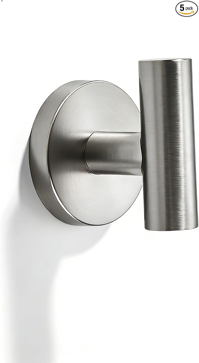 Wall Mounted Bathroom Towel Hooks for Hanging Clothes,Hat,5 Pack Brushed Nickel Coat Hook Robe Hooks.Suitable for Hotels and bathrooms.