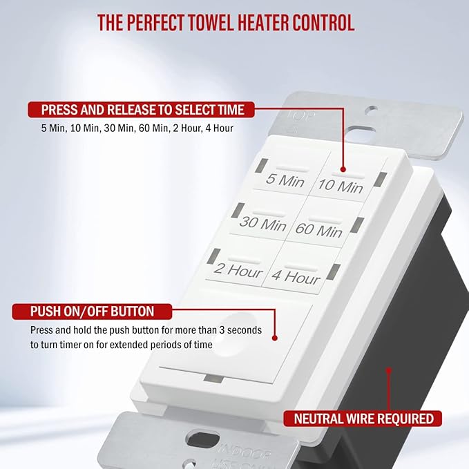 ENERLITES 4-Hour Countdown Timer Switch, 5-10-30-60 Min, 2-4 Hour, for Bathroom Fans, Lights, 120VAC Neutral Wire Required, UL Listed, HET06-W-2PCS, White, 2 Pack