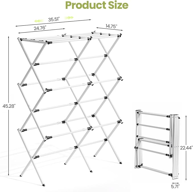 APEXCHASER Large Clothes Drying Rack Foldable, Drying Rack Clothing, Extendable Laundry Drying Rack, Space-Saving, Suitable for Indoor/Outdoor Use, 45.28" × 14.57" × 35.51", White
