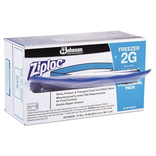 Ziploc 682254 Commercial Resealable Freezer Bag, Zipper, 2gal, 13 x 15 1/2, Clear, 100/Carton