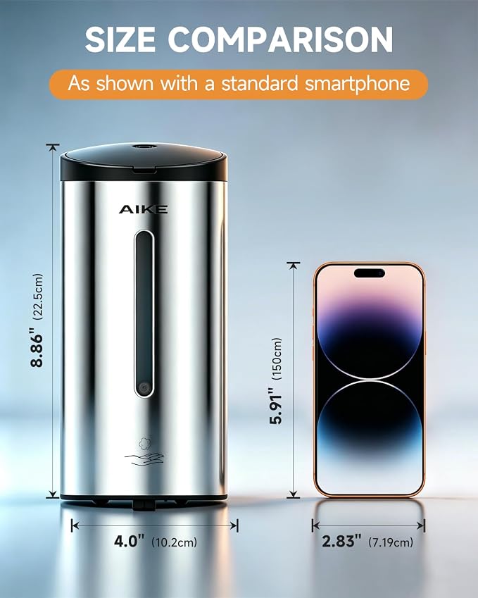 AIKE Automatic Foam Soap Dispenser 25oz for Bathroom,Polished AK1205FA | Rich Foam and Stainless Steel,No-drill and Screw Wall Mount,5-Level Adjustable and Key for Commercial(Batteries Not Included)