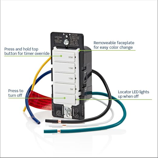 Leviton Countdown Switch for bathroom household lights, 5-10-15-30 min, Neutral Wire Required, 20A, 1HP/16A Fan/Motor, Single Pole, Multi-Way or Multi-Timer, DT230-1LW, White