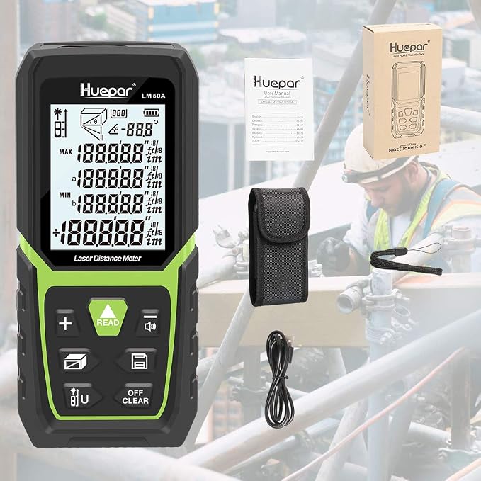 Digital Laser Tape Measure 4-in-1, HUEPAR ±1/16" Laser Measure with Dual HD Display, 200Ft Rechargeable Laser Measurement&33Ft Green Cross Line Laser&10Ft Tape, for Area/Volume/Pythagorean/Leveling