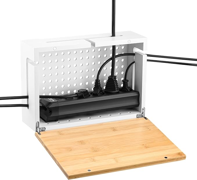 Bamboo Cable Management Box with Magnetic Lid - 12,6x7,8x4.3 in - Durable Cable Organizer to Hide Cords & Power Strip - Wall Mountable - Including Hardware - for Home, Office, Desk & More (White)