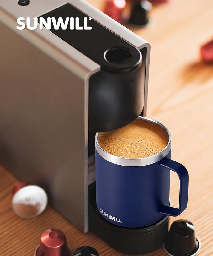 SUNWILL Insulated Coffee Mug, Stainless Steel 14 oz, Splash-Proof Lid | Keeps Drinks Hot & Cold, Powder-Coated Navy Blue Finish, Dishwasher Safe, Ideal for Home & Office