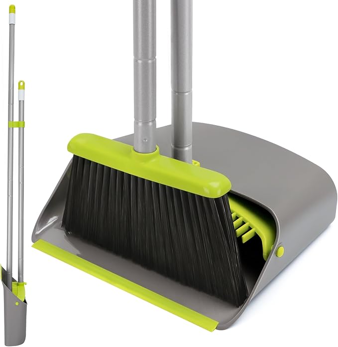 Broom and Dustpan Set with Long Handle 52", Standing Broom and Dust Pan Set for Home Kitchen Room Office Lobby Green