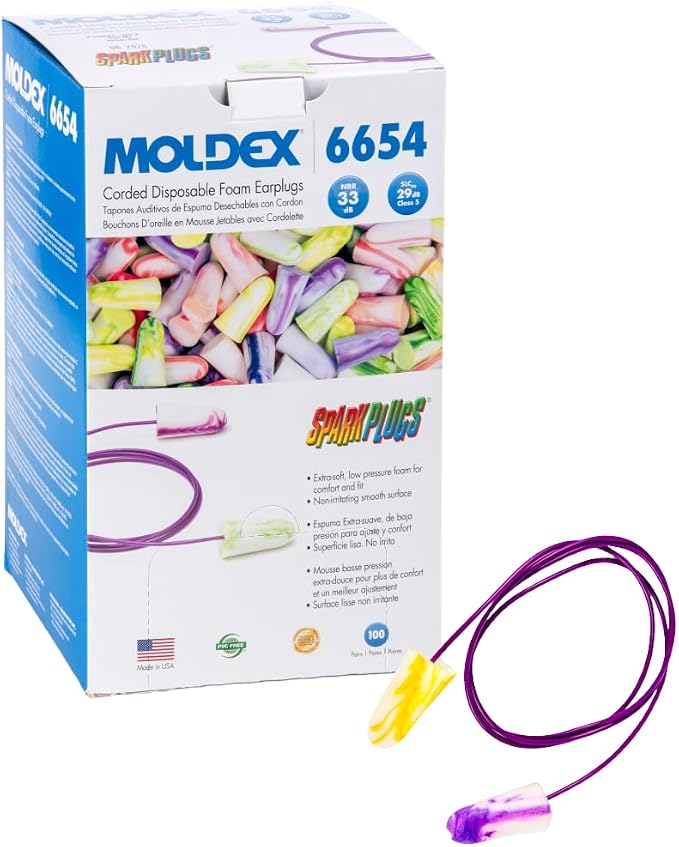 Moldex SparkPlugs® Corded Soft Foam Earplugs – Comfortable Disposable Ear Plugs for Hearing Protection, Noise Reduction, NRR 33dB, Individually Wrapped, 100 Pairs, 6654 | Disposable, NRR 33dB, Individually Wrapped, Model 6654