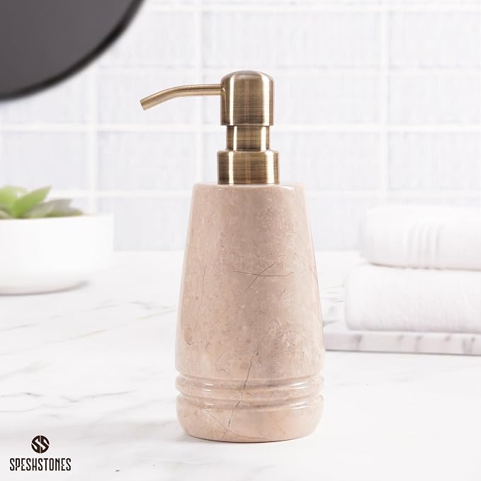Marble Soap Dispenser 7.5'' Beige Dish Soap Dispenser with Stainless Steel Pump, Refillable Liquid Hand Soap Dispenser with 8.5 Oz Capacity for Kitchen Sink and Bathroom Countertop