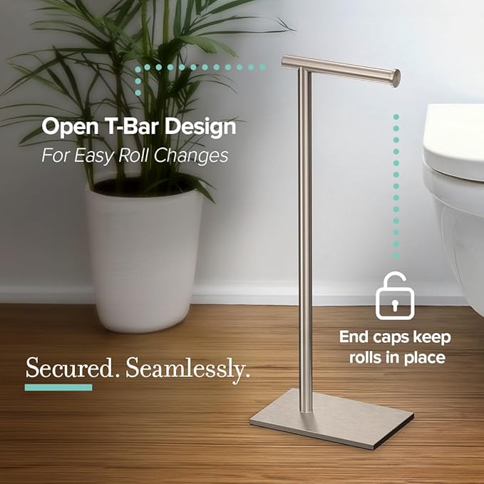 Gatco 1431SN Bathroom Toilet Paper Holder Stand, Freestanding Tissue Roll Holder, Weighted Base, Satin Nickel, 22.25 Inch, Modern Rectangle Base
