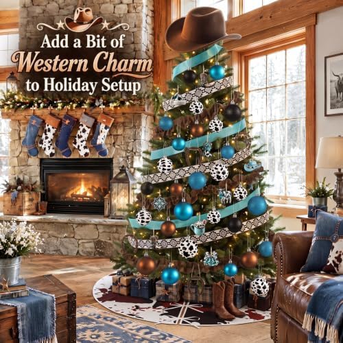 Seenelling Western Cowboy Christmas Tree Ornaments Set – 81 Pcs Rustic Cow Print Decorations with Cowboy Hat Topper Cow Print Balls Ornaments Horseshoes Tree Skirt Ribbons for Xmas Holiday Decor