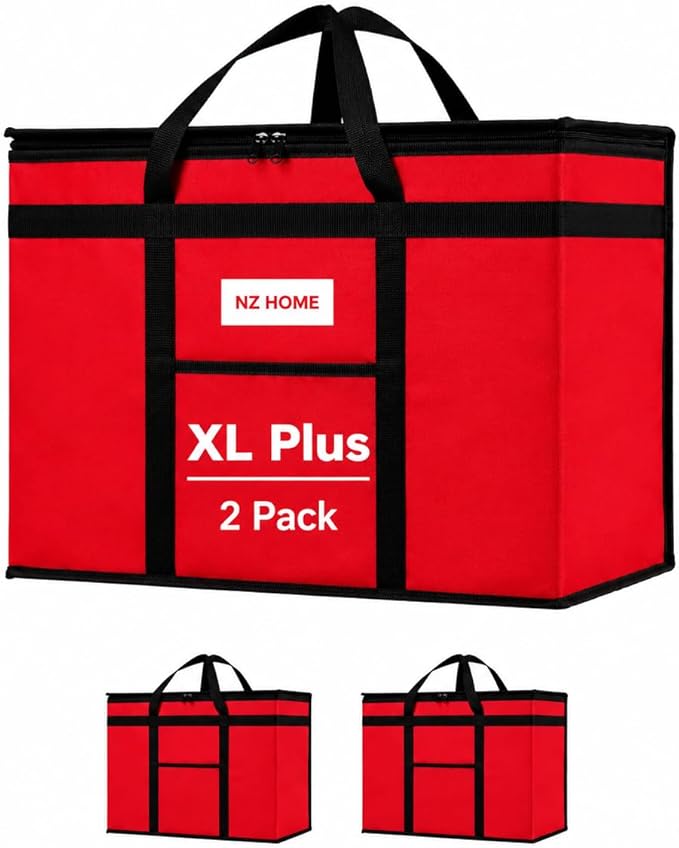 Insulated Food Bag, Portable Cooler Tote (XL Plus, Red, 2 Pack) | Large thermal bag, For cold & hot food, Soft sided cooler, Heavy duty carrier, Grocery shopping, Food delivery, Catering bag