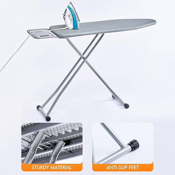 BKTD Ironing Board, Heat Resistant Cover Iron Board with Steam Rest, Non-Slip Foldable Ironing Stand. Heavy Sturdy Metal Frame Legs Iron Stand(13 * 34 * 53 Inches) (Silver Gray)