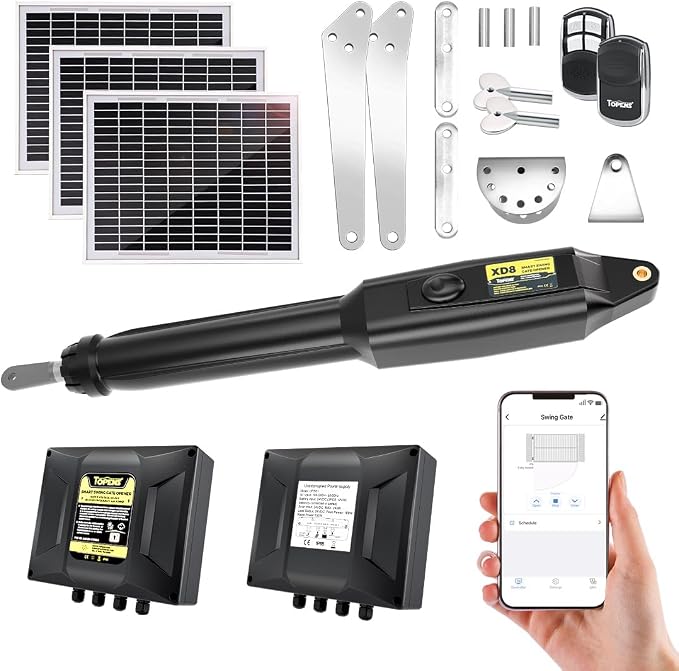 TOPENS XD851S Smart Gate Opener for Heavy Duty Solar Single Swing Gates Up to 18ft, Automatic Gate Opener with App Control AC Powered with Remote Control Kit Solar Panel Included