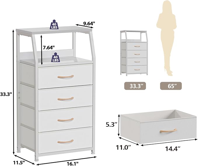 Furnulem Tall 4 Drawers Dresser, Vertical Storage Tower for Bedroom, Hallway, Entryway, Nursery, Closet Organizer, Nightstand Bedside Table Furniture, Sturdy Steel Frame, Wood Top, White