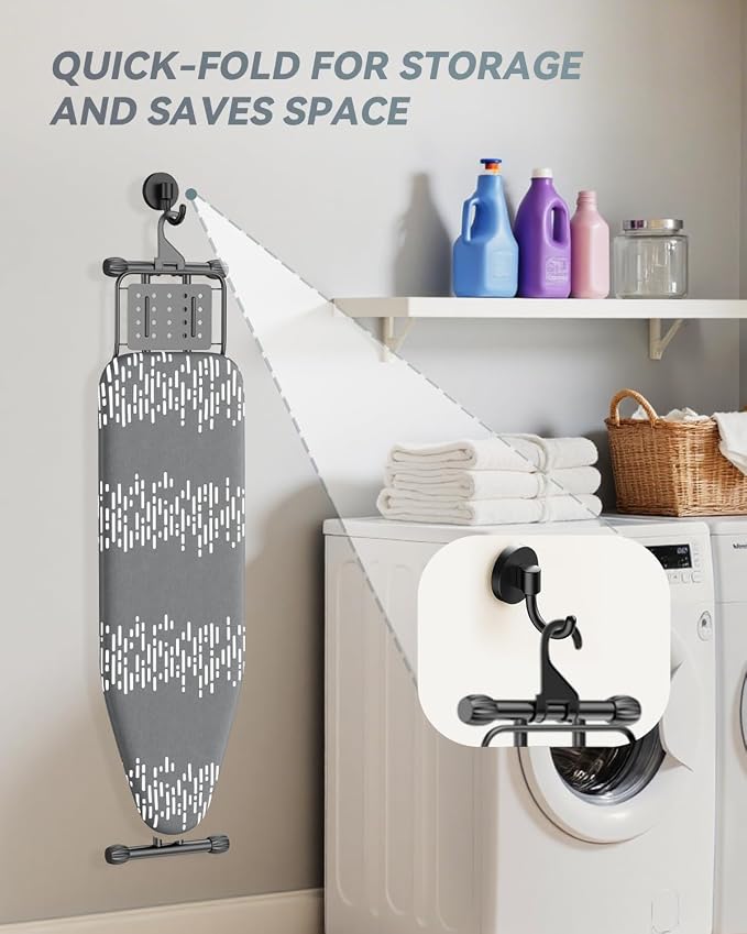 Full Size Ironing Board 54 x 13 in, Foldable with Iron Rest & Thick Pad | 7 height settings, safety lock, triple-layer heat protection, non-slip silicone feet, reinforced frame, built-in hanging hook