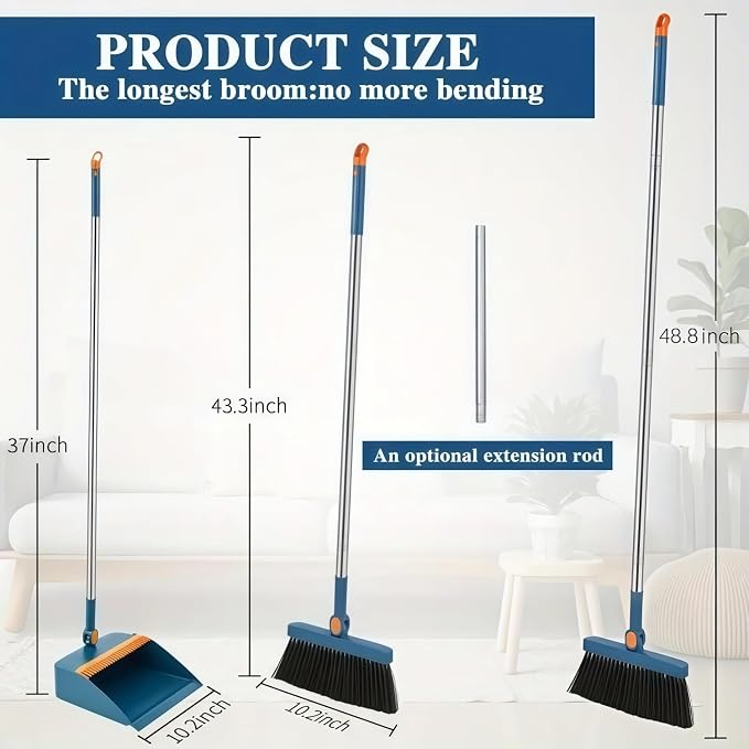 Broom and Dustpan Set, Long Handle Standing Broom with Self-Cleaning Comb Teeth, Heavy Duty Broom Dustpan Combo for Home Kitchen Office Floor Pet Hair Cleaning (Blue)