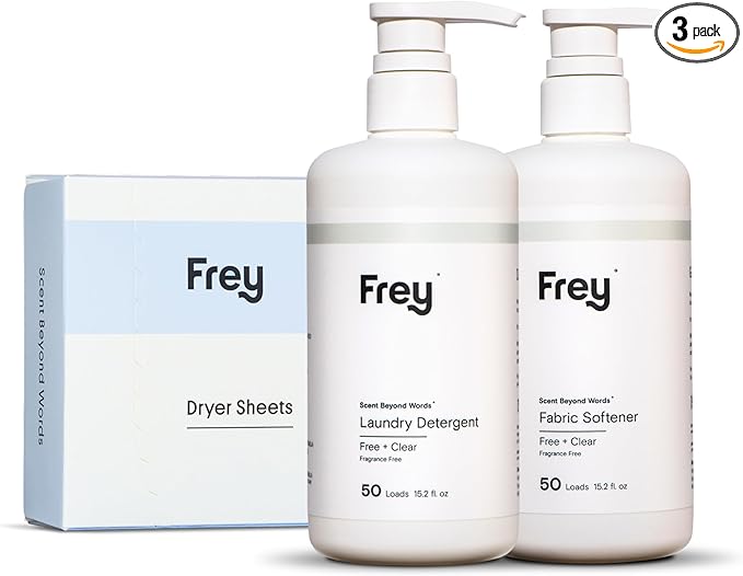 FREY The Complete Package - Concentrated Liquid Laundry Detergent, Fabric Softener, & Dryer Sheets (Fragrance-Free)