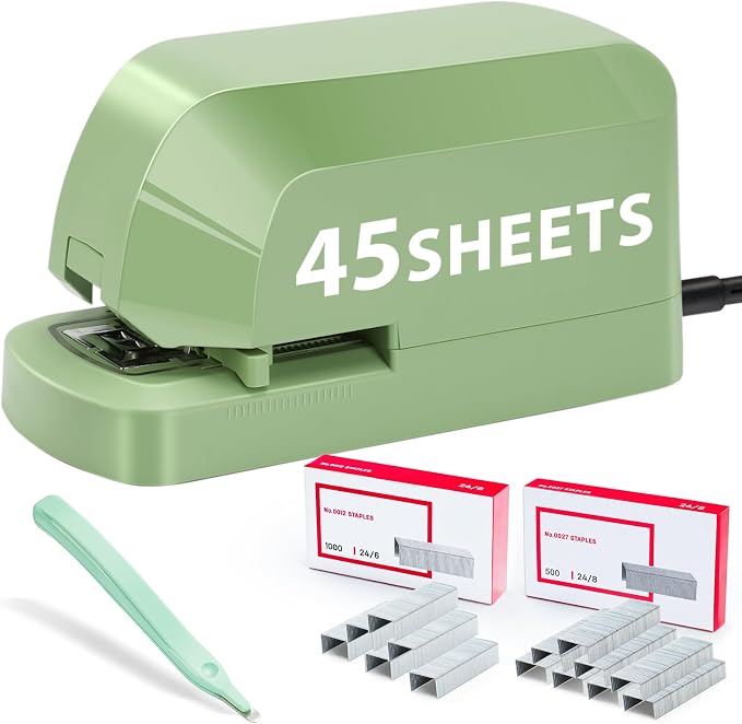 Electric Stapler for Desk Value Pack, 45 Sheet Capacity, Includes 1500 Staples & Staple Remover, No-Jam, Faster Stapling, AC Adapter Powered, Saga Green
