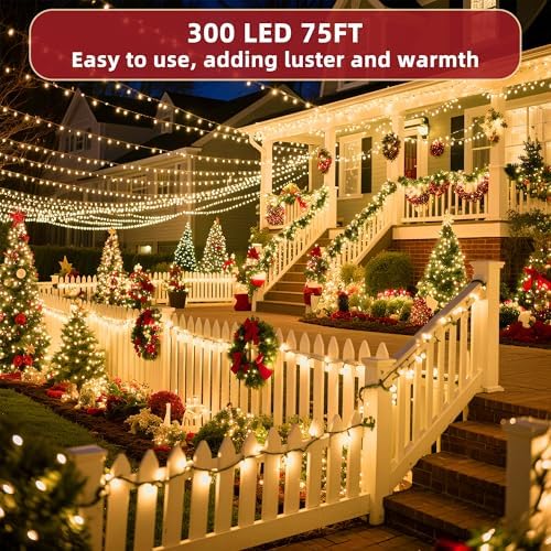 300 LED Outdoor Christmas Lights 75ft, 12 Lighting Modes Indoor String Lights Dimmable & Timer Memory, Outsite Waterproof Tree Lights for Xmas Garden Wedding Party Holiday Decorations Warm White