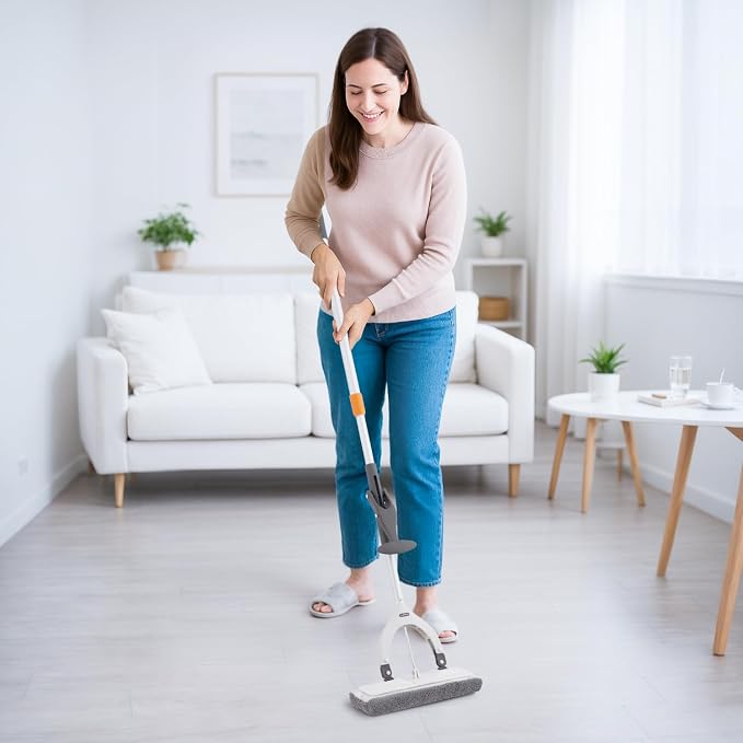 Superio Miracle Microfiber Flat Mop with Telescopic Handle & 2 Refill Pads - Self-Wringing, Lightweight Cleaning Set for Floors & Walls - Heavy-Duty & Reusable, Grey