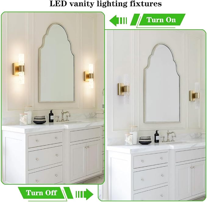 Crystal LED Wall Sconces Set of 2, Brushed Gold Bathroom Light Fixtures, Modern Bathroom Sconce Lights with Wired LED for Bedroom,Living Room,Hallway | Gold Vanity Wall Lighting & Crystal Wall Decor