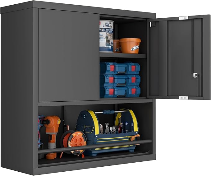 GREATMEET 31" H Metal Garage Storage Cabinets with Doors and Shelves, Lockable Storage Cabinet with Lock, Black Hanging Cabinets for Wall, Wall Mount Cabinet for Utility Room