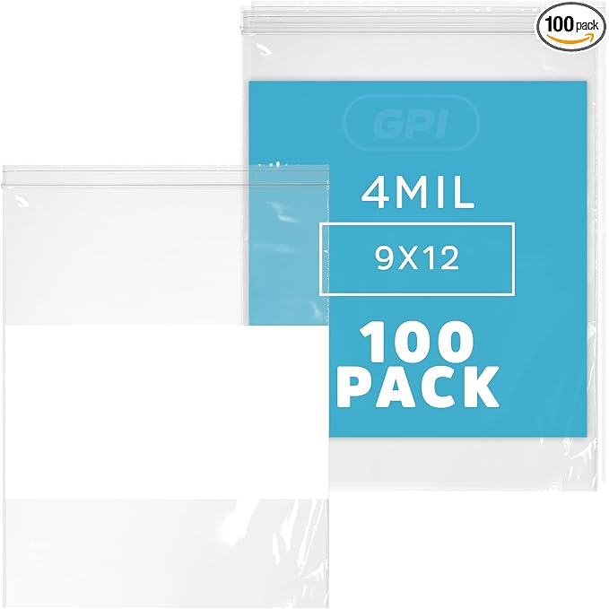 GPI - 9" x 12" - Bulk Pack of 100, 4 Mil Thick, Heavy Duty, Clear Plastic Reclosable Zip Bags, With Write-on White Block for Labeling, Strong & Durable Poly Baggies With Resealable Zipper Top Lock.