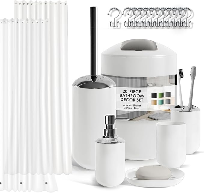 Clara Clark Bathroom Set - White Bathroom Accessories Set, 20PC Bathroom Accessory Set, Shower Curtain Set with Liner, Toothbrush Holder, Soap Dispenser, Soap Dish, Toilet Brush Holder, and Trash Can