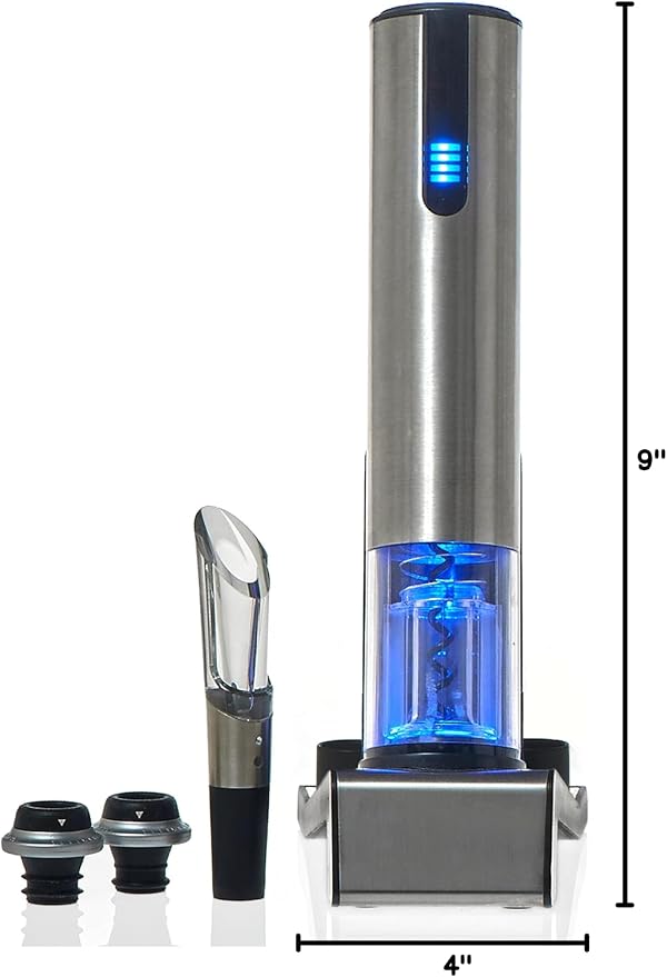 Wine Enthusiast 2-in-1 Electric Blue Automatic Wine Bottle Opener and Preserver Set – Fully Electric Corkscrew with Charging Station – Seal Bottle with Vacuum Stopper (7 Piece Set)