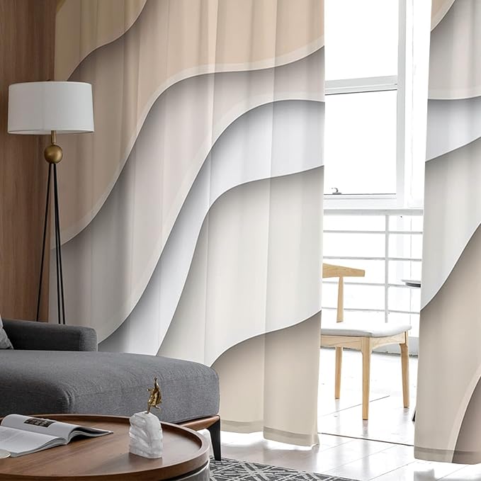 Geometric Sheer Curtain 96 Inch Rod Pocket Ombre Cream Beige Living Room Bedroom Kitchen Cafe Window Curtains & Drapes,Modern Abstract Ocean Beach Seawaves Chiffon Tulle Curtains,Brown White 104"x96"