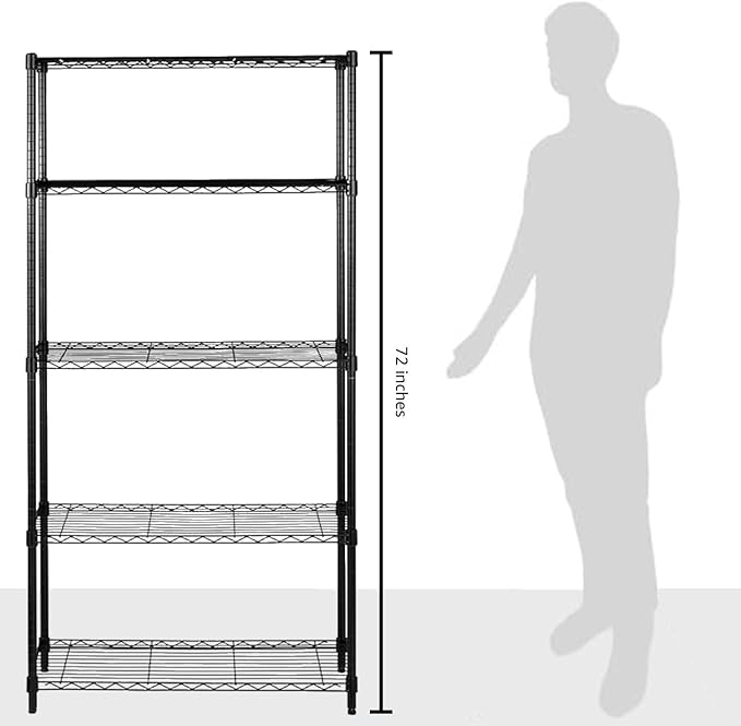 Amazon Basics 5-Shelf Adjustable Heavy Duty Steel Wire Storage Shelves for Garage, Kitchen, Easy Assembly, 36" x 14" x 72", Black