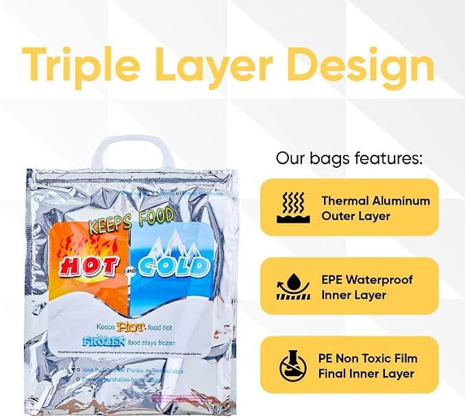 Superio Hot and Cold Insulated Bags for Food Delivery, Grocery Shopping Bags, Food Storage for Hot and Frozen Food for Travel, Disposable Cooler Bag, Reinforced Thermal Lunch Bag (10, 20"x5.5"x19")