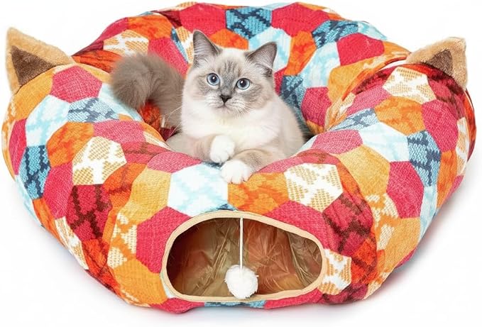 AUOON Cat Donut Tunnel with Bed for Kitten Puppy Rabbit Ferret, Orange | 2-in-1 Interactive Cat Toy, with Hanging Ball Toy, Machine Washable Center Pad, 36"L x 36"W x 10.7"H