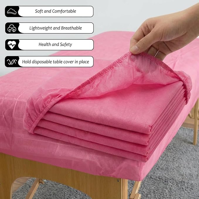 50PCS Disposable Fitted Massage Table Sheets with Elastic, Heavy Duty Elastic Disposable Bed Cover, Breathable Pink Sheets for Spa Massage Beauty Tattoos Non Woven Fabric 36 x 85 in