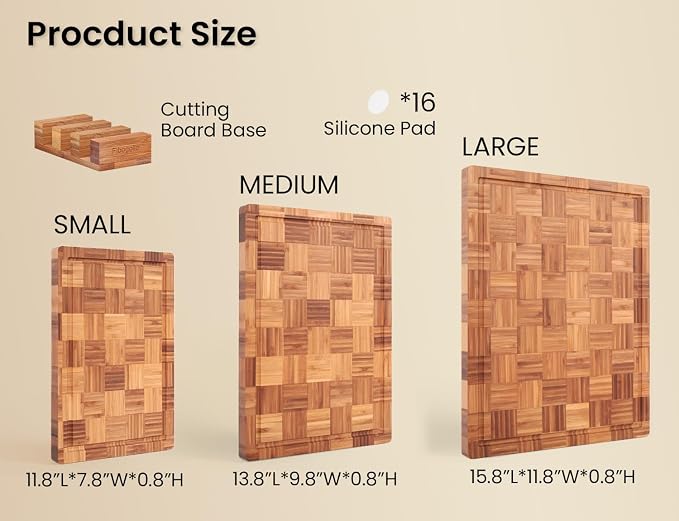 Fibogollo Set of 3 Bamboo Kitchen Cutting Boards with Juice Groove Large | Chopping Boards Set,End Grain Bamboo Butcher Block with Storage Stand,Serving Board and Charcuterie with Holderfor Meat