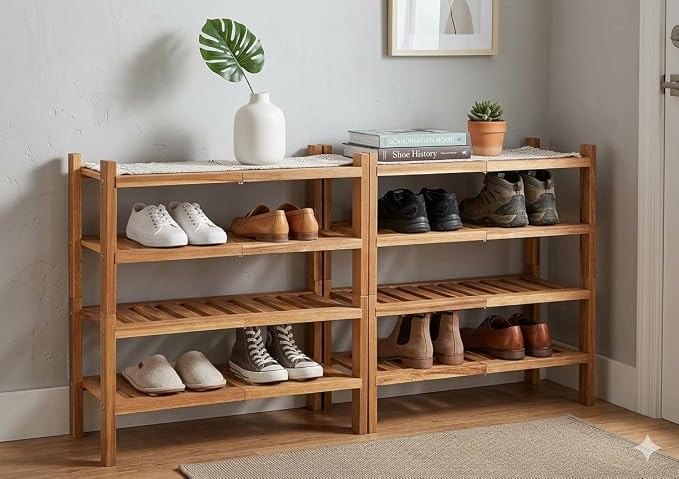 2-Tier Acacia Wood Stackable Shoe Rack - Brush Teak