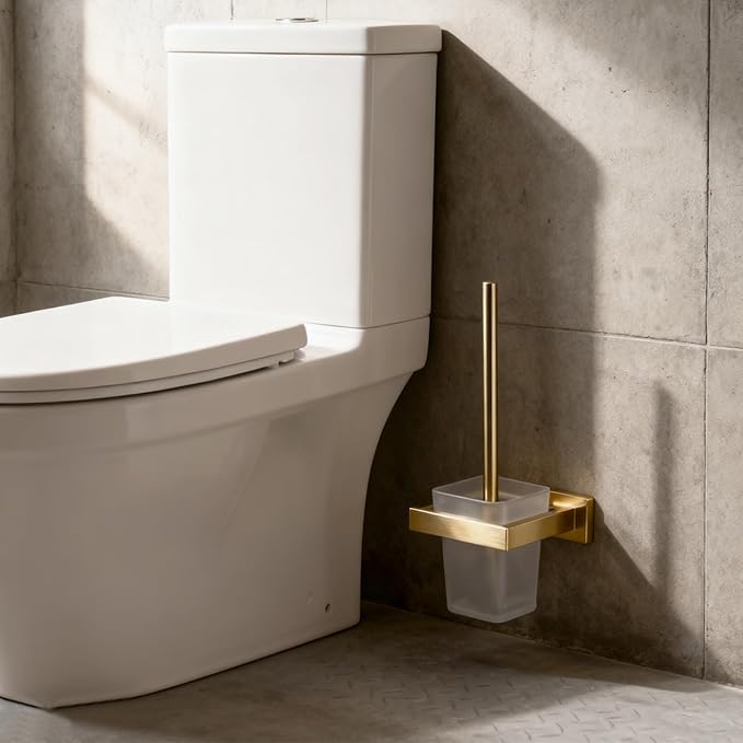 Brushed Gold Toilet Brush and Holder Set, NEWRAIN Wall Mounted Toilet Bowl Brush with Long Handle, Stainless Steel Toilet Brushes for Bathroom-Space Saving