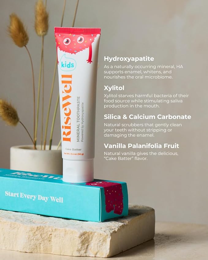 RiseWell Mineral Toothpaste for Kids - Hydroxyapatite Toothpaste with Xylitol for Teeth Protection - Made by Dentists, SLS Free, Safe to Swallow, Gentle and All Natural - Cake Batter Flavor, 3.4 Oz
