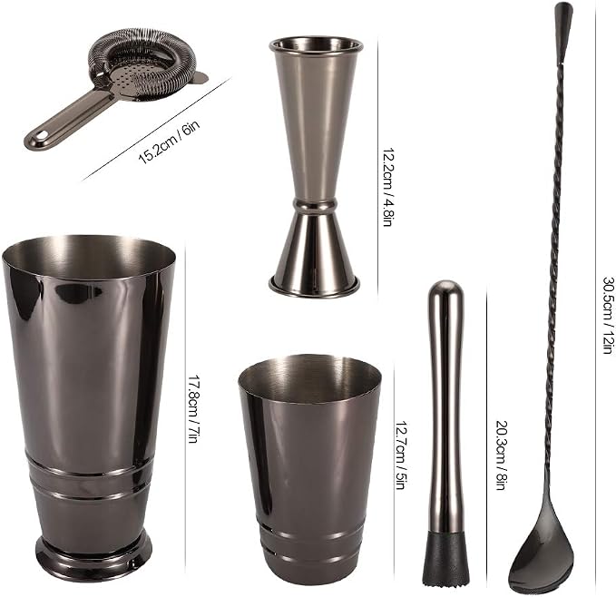 5Pcs Black Stainless Steel Cocktail Shaker Set, Bartender Tool Kit with Measuring Cup Strainer Mixing Spoon, Dishwasher Safe Bar Accessories for Home Bar