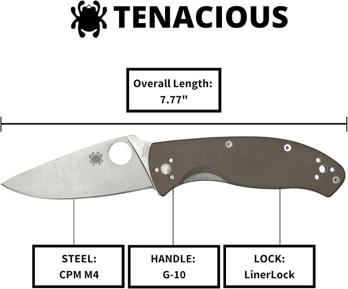 Spyderco Tenacious Folding Pocket Knife, PlainEdge | 7.77" Overall Length, 3.3" CPM M4 Steel Blade, Brown, G-10 Handle, LinerLock, Full-Flat Grind