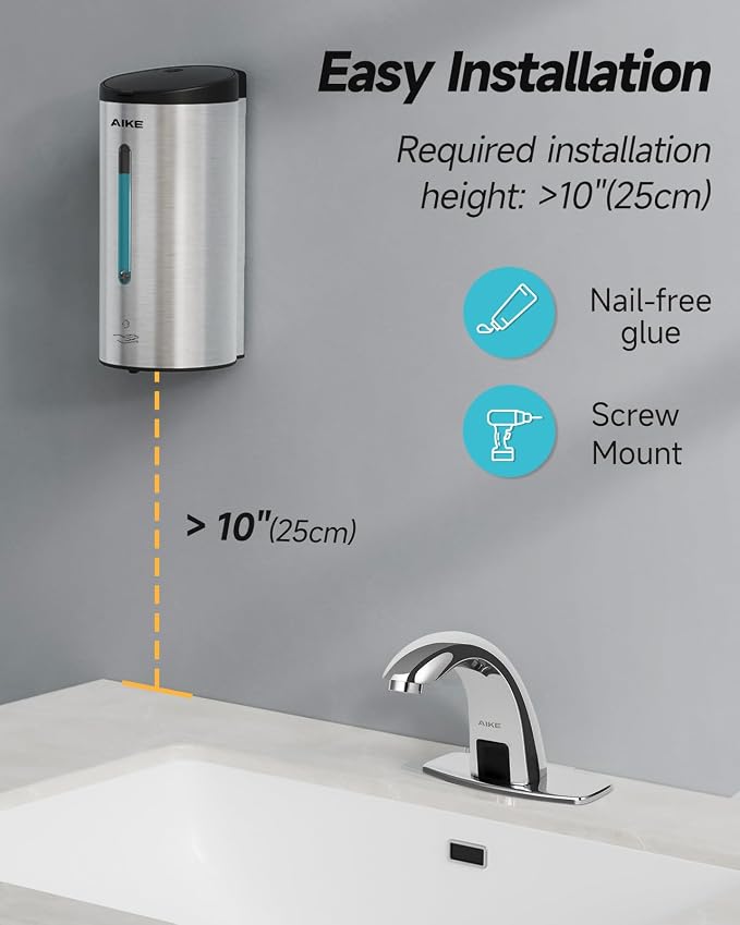 AIKE Automatic Foam Soap Dispenser 25oz for Bathroom,Brushed Steel AK1205FA | Rich Foam and Stainless Steel,No-drill and Screw Wall Mount,5-Level Adjustable and Key for Commercial(Batteries Not Included)