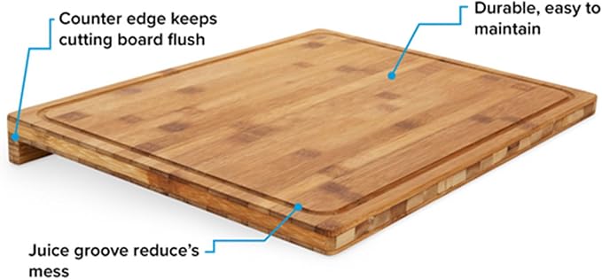 Camco Bamboo Cutting Board with Counter Edge | Perfect for Vegetables, Fruits, Meats, and Cheeses | Measures 18-inches x 14-inches x 1-3/4-inches (43545), Brown