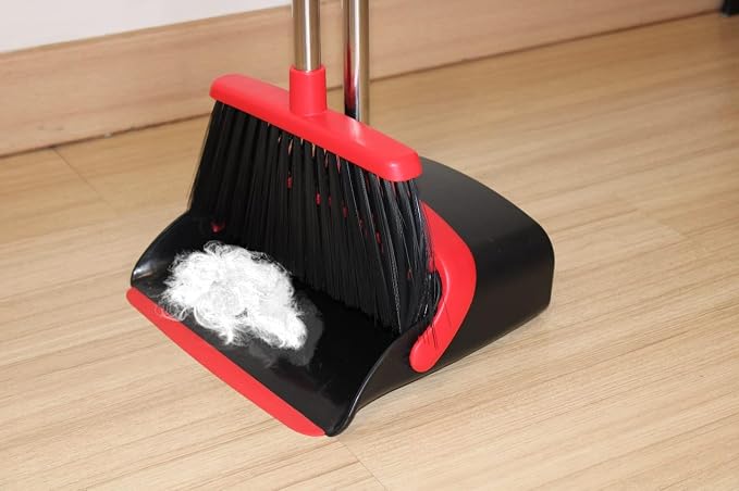 Long Handle Broom and Dustpan Set, Self-Cleaning with Dustpan Teeth for Home, Kitchen, Office, and Pets – Stand-Up Design for Indoor & Outdoor Sweeping (Red)