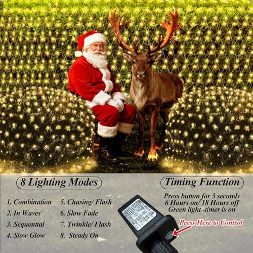 120LED Net Lights, 5ft x 5ft Christmas Net Lights Outdoor 8 Modes Timer