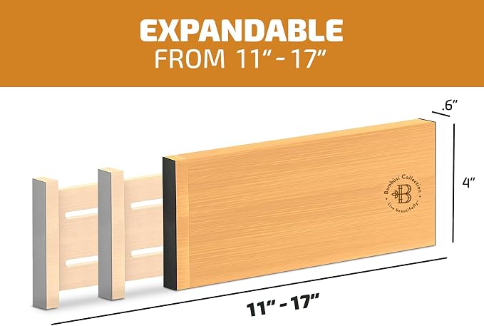 6 Pack Bamboo Drawer Dividers - 4 Inch High, Adjustable 11.5 to 17 Inch Expandable Kitchen Drawer Organizer, Spring Loaded Dresser Separator for Utensils, Clothes, Bedroom, Bathroom, Nursery, Office