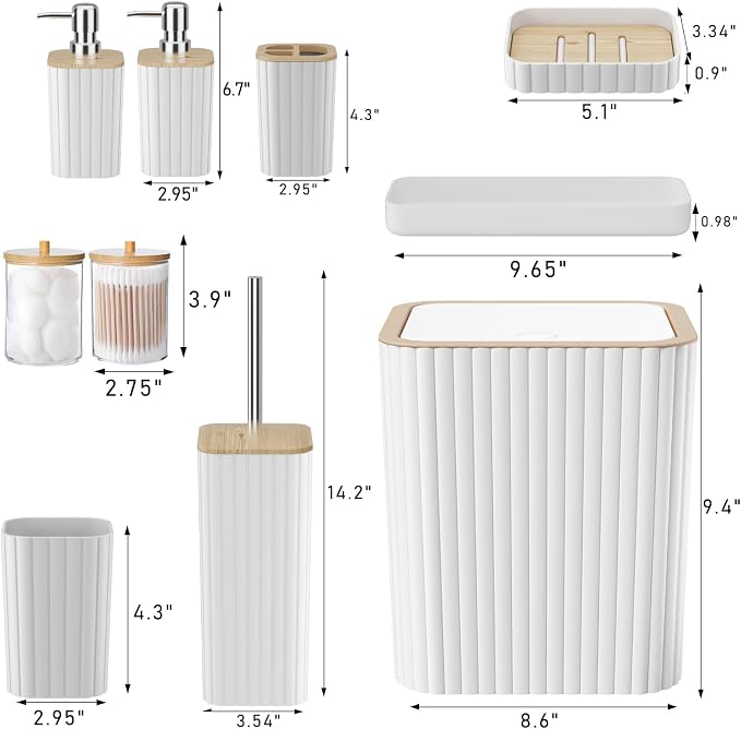 XLHOMO Bathroom Accessories Set - Elegant White Bathroom Set, 10PC Bathroom Accessory Set, Toilet Brush, Trash Can, Qtip Holder Dispenser & Soap Dispenser